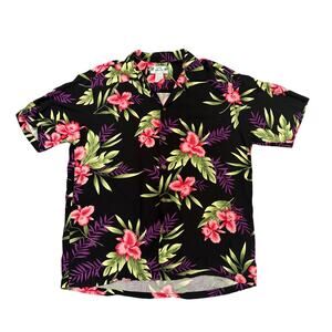 Two Palms Hawaii Black Floral Button Up Shirt Men Medium Tropical Tiki Resort